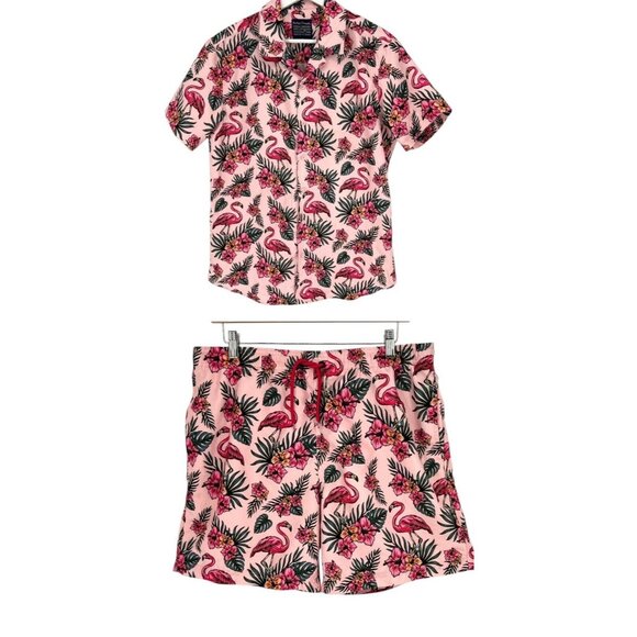Broken Threads Men's Button Up Shirt & Swim Shorts Set Pink Flamingo Pool Size L - Picture 1 of 16